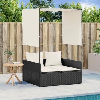 ARDEBO.de - Doppel-Sonnenliege mit Dach und Vorhängen Schwarz Poly-Rattan