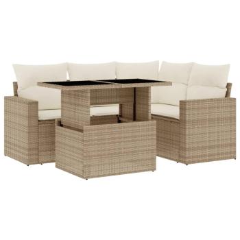5-tlg. Garten-Sofagarnitur mit Kissen Beige Poly Rattan