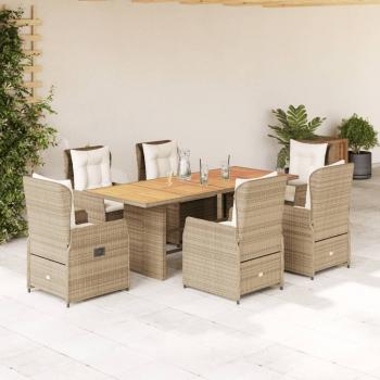 ARDEBO.de - 7-tlg. Garten-Essgruppe mit Kissen Beige Poly Rattan