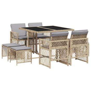 9-tlg. Garten-Essgruppe mit Kissen Beige Poly Rattan