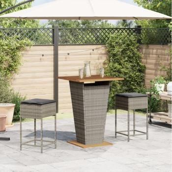 3-tlg. Gartenbar-Set mit Kissen Grau Poly Rattan