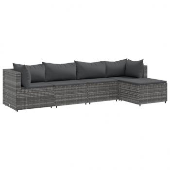 5-tlg. Garten-Lounge-Set mit Kissen Grau Poly Rattan