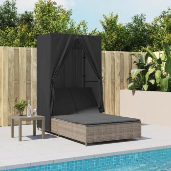 ARDEBO.de - Doppel-Sonnenliege mit Dach und Vorhängen Grau Poly Rattan