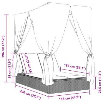 Doppel-Sonnenliege mit Dach und Vorhängen Braun Poly Rattan