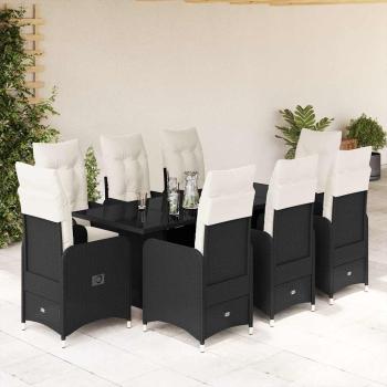 ARDEBO.de - 9-tlg. Garten-Bistro-Set mit Kissen Schwarz Poly Rattan
