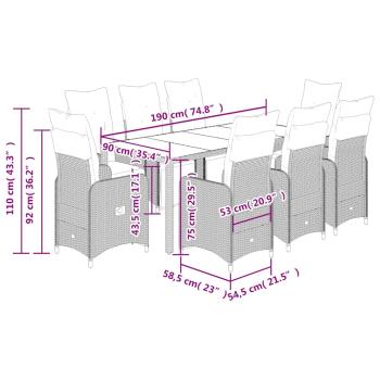 9-tlg. Garten-Bistro-Set mit Kissen Grau Poly Rattan