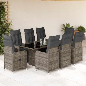 ARDEBO.de - 9-tlg. Garten-Bistro-Set mit Kissen Grau Poly Rattan