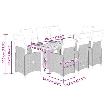 9-tlg. Garten-Bistro-Set mit Kissen Grau Poly Rattan