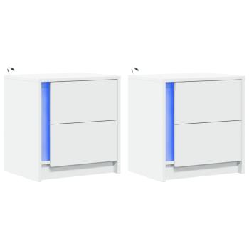 Nachttische mit LED-Leuchten 2 Stk. Weiß Holzwerkstoff