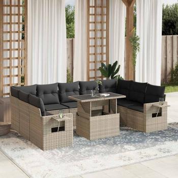 ARDEBO.de - 10-tlg. Garten-Sofagarnitur mit Kissen Hellgrau Poly Rattan