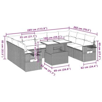 10-tlg. Garten-Sofagarnitur mit Kissen Hellgrau Poly Rattan