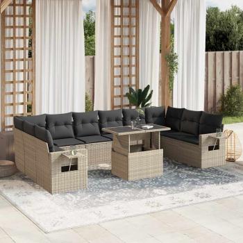 ARDEBO.de - 11-tlg. Garten-Sofagarnitur mit Kissen Hellgrau Poly Rattan