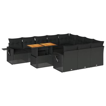11-tlg. Garten-Sofagarnitur mit Kissen Schwarz Poly Rattan