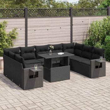 ARDEBO.de - 10-tlg. Garten-Sofagarnitur mit Kissen Schwarz Poly Rattan