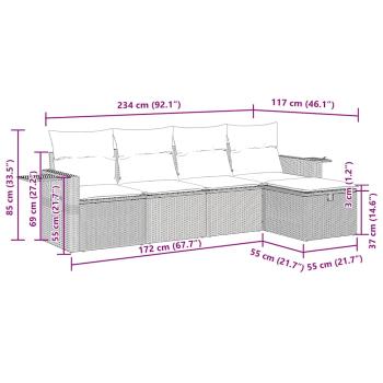 5-tlg. Garten-Sofagarnitur mit Kissen Grau Poly Rattan