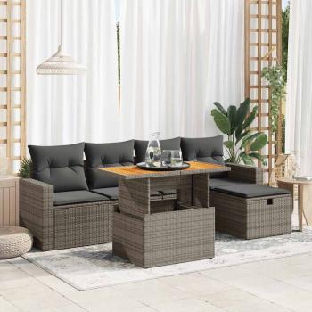 ARDEBO.de - 6-tlg. Garten-Sofagarnitur mit Kissen Grau Poly Rattan Akazie