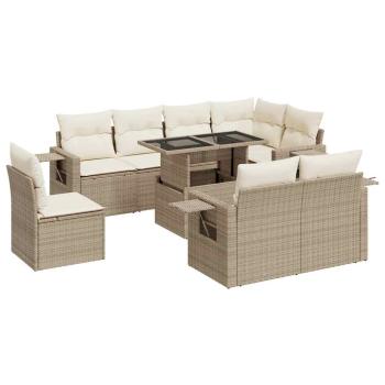 9-tlg. Garten-Sofagarnitur mit Kissen Beige Poly Rattan