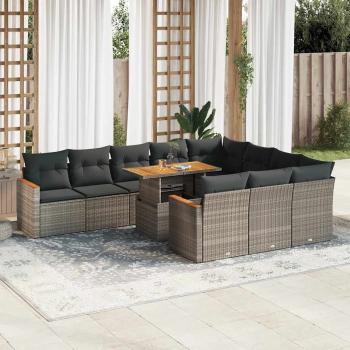 ARDEBO.de - 11-tlg. Garten-Sofagarnitur mit Kissen Grau Poly Rattan Akazie