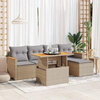 ARDEBO.de - 6-tlg. Garten-Sofagarnitur mit Kissen Beige Poly Rattan Akazie