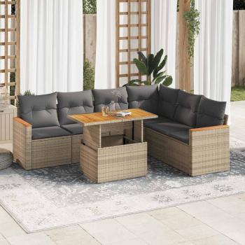 ARDEBO.de - 7-tlg. Garten-Sofagarnitur mit Kissen Beige Poly Rattan Akazie