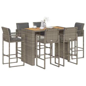 ARDEBO.de - 7-tlg. Gartenbar-Set mit Kissen Grau Poly Rattan Akazie