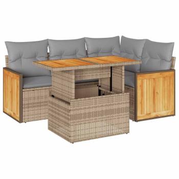 5-tlg. Garten-Sofagarnitur mit Kissen Beige Poly Rattan Akazie