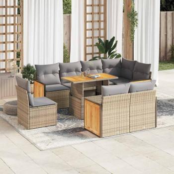 ARDEBO.de - 9-tlg. Garten-Sofagarnitur mit Kissen Beige Poly Rattan Akazie