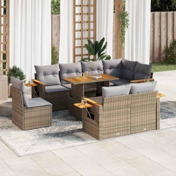 ARDEBO.de - 9-tlg. Garten-Sofagarnitur mit Kissen Beige Poly Rattan Akazie
