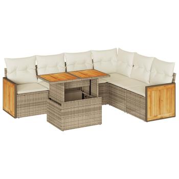 7-tlg. Garten-Sofagarnitur mit Kissen Beige Poly Rattan Akazie