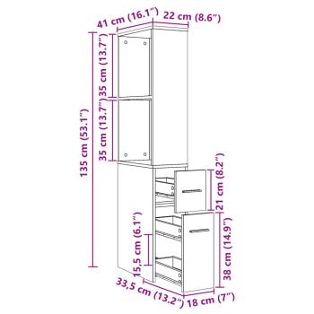 Badschrank Schmal mit Rollen Räuchereiche Holzwerkstoff