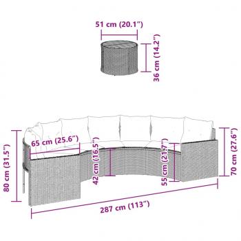 Gartensofa mit Tisch und Kissen Halbrund Schwarz Poly-Rattan