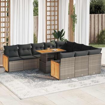 ARDEBO.de - 11-tlg. Garten-Sofagarnitur mit Kissen Grau Poly Rattan Akazie