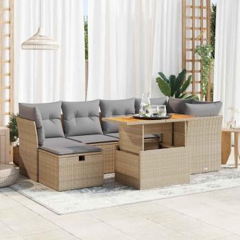 ARDEBO.de - 7-tlg. Garten-Sofagarnitur mit Kissen Beige Poly Rattan Akazie