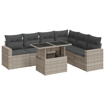 7-tlg. Garten-Sofagarnitur mit Kissen Hellgrau Poly Rattan