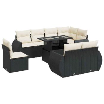 9-tlg. Garten-Sofagarnitur mit Kissen Schwarz Poly Rattan