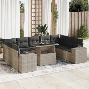 ARDEBO.de - 10-tlg. Garten-Sofagarnitur mit Kissen Hellgrau Poly Rattan