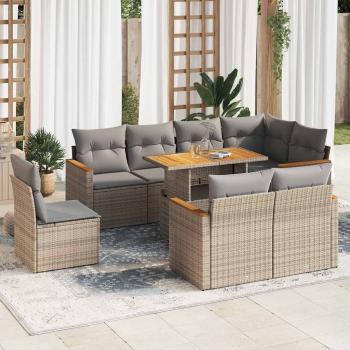 ARDEBO.de - 9-tlg. Garten-Sofagarnitur mit Kissen Beige Poly Rattan Akazie