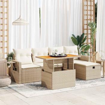 ARDEBO.de - 6-tlg. Garten-Sofagarnitur mit Kissen Beige Poly Rattan Akazie