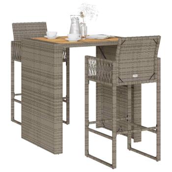 ARDEBO.de - 3-tlg. Gartenbar-Set ohne Kissen Grau Poly Rattan Akazie