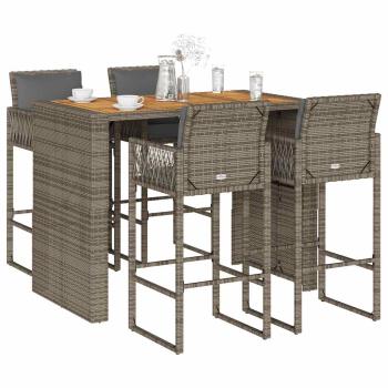 ARDEBO.de - 5-tlg. Gartenbar-Set mit Kissen Grau Poly Rattan Akazie