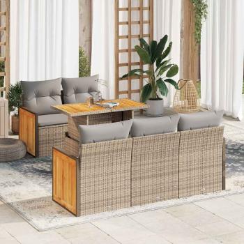 ARDEBO.de - 6-tlg. Garten-Sofagarnitur mit Kissen Beige Poly Rattan Akazie