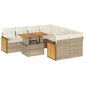 9-tlg. Garten-Sofagarnitur mit Kissen Beige Poly Rattan Akazie