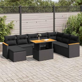 ARDEBO.de - 9-tlg. Garten-Sofagarnitur mit Kissen Schwarz Poly Rattan