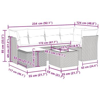 7-tlg. Garten-Sofagarnitur mit Kissen Grau Poly Rattan