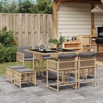 ARDEBO.de - 9-tlg. Garten-Essgruppe mit Kissen Beigemischung Poly Rattan
