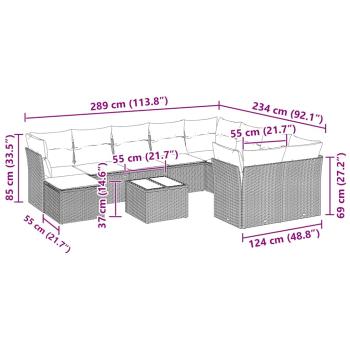11-tlg. Garten-Sofagarnitur mit Kissen Hellgrau Poly Rattan