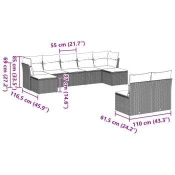 9-tlg. Garten-Sofagarnitur mit Kissen Hellgrau Poly Rattan