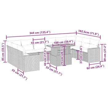 11-tlg. Garten-Sofagarnitur mit Kissen Beige Poly Rattan