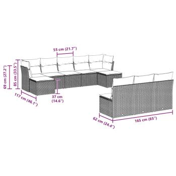 10-tlg. Garten-Sofagarnitur mit Kissen Hellgrau Poly Rattan