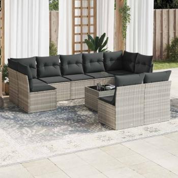 ARDEBO.de - 10-tlg. Garten-Sofagarnitur mit Kissen Hellgrau Poly Rattan